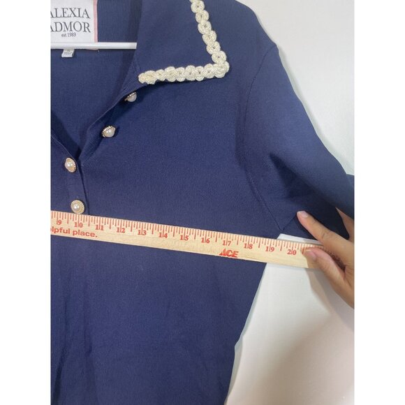 Alexia Admor Navy Blue Knit Top Size XL with Lace Trim Quiet Luxery Pearl Button - Picture 8 of 10